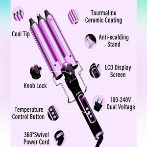 Curling Iron with LCD Temperature Display, 3 Barrel Curling Wand Dual Voltage